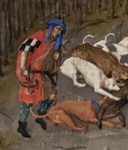December in the Tres Riches Heures of the Duc de Berry - huntsman in red tunic holding a fierce dog